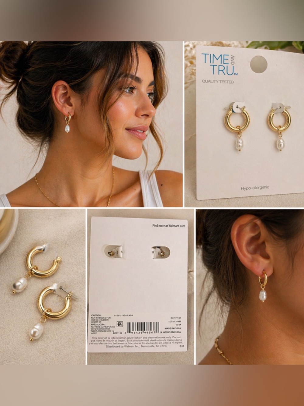 Time and Tru Gold Hoop Earrings with Pearl Charm